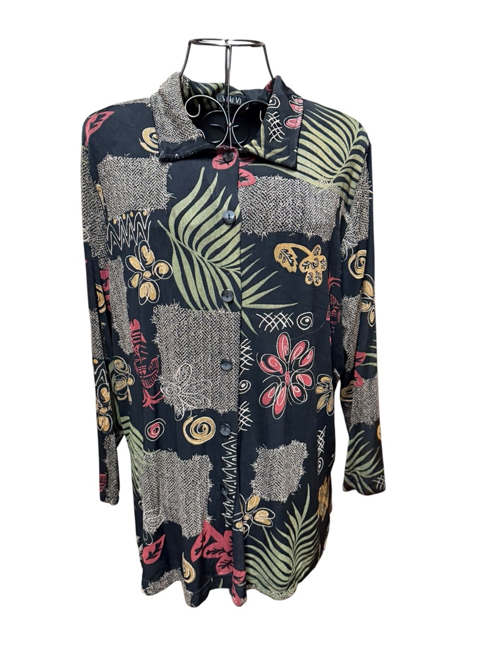 Vikki Vi Black Blouse with Olive Green Brick Red Botanical Accents 0X